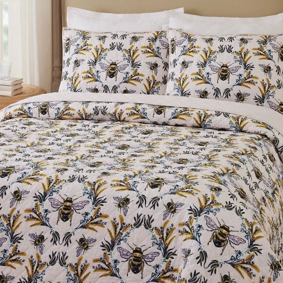 Honey Bumble Bee Cottage Core 100% Cotton Printed QUEEN Quilt Set Farmhouse Boho - Picture 1 of 4